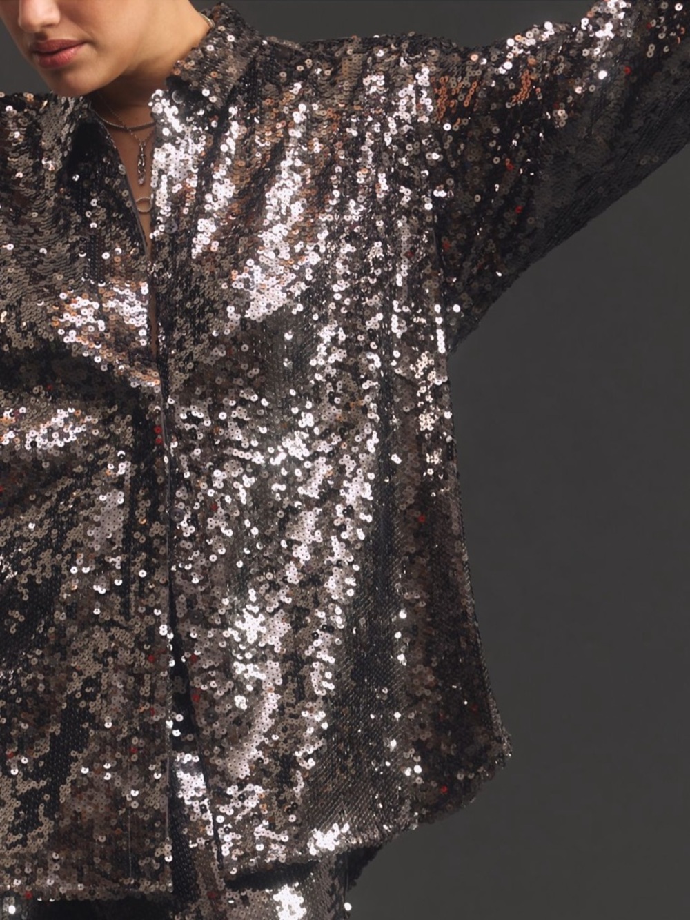 Anthropologie Good American Sequin Party Buttondown Shirt - Picture 6 of 6